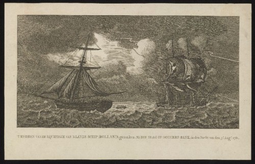 Kopergravure. Het redden van de bemanning van het schip Holland na de slag bij de Doggersbank.